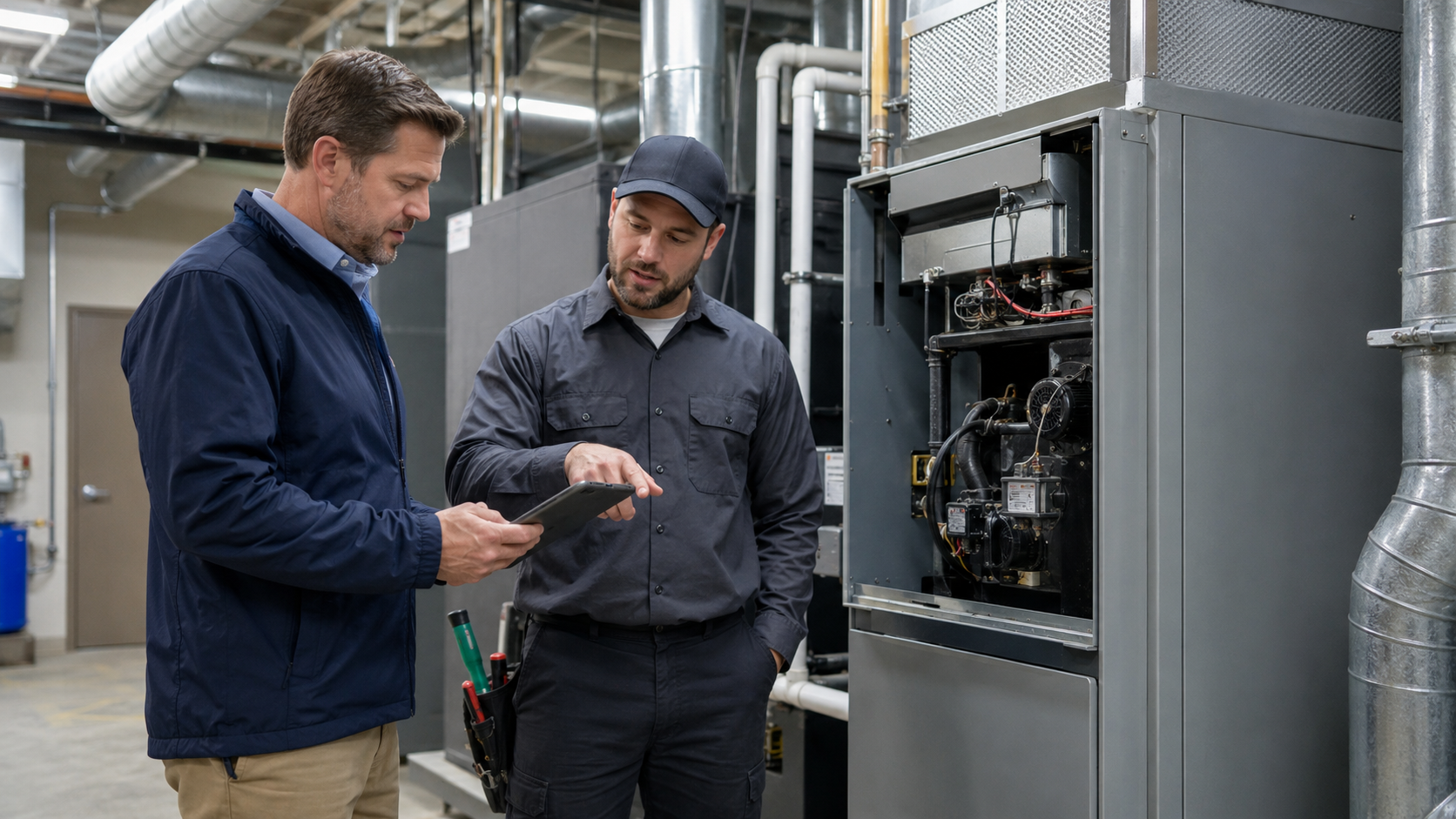 Property manager and HVAC technician reviewing a commercial furnace during a pre-winter inspection.