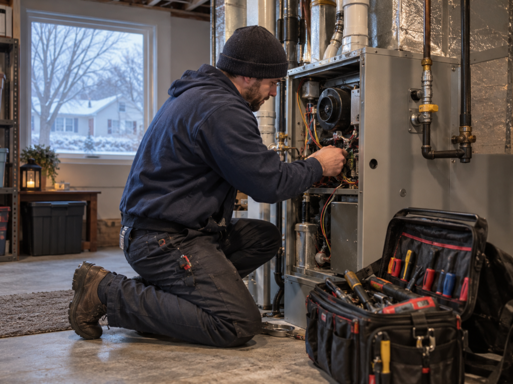 HVAC technician repairing a residential furnace in a basement as snowy winter weather is visible outside.