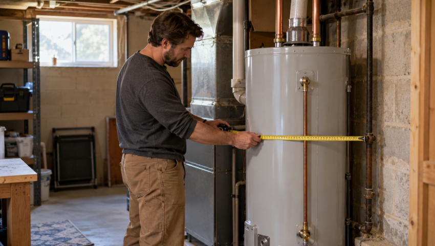 Technician measures the space beside a residential storage water heater in a basement utility area